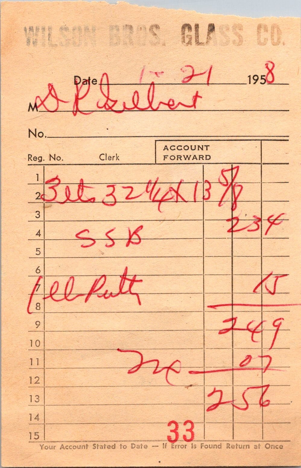 Wilson Bros Glass Co 1-21-1958 DR Gilbert Antique Letterhead Billhead 5A25