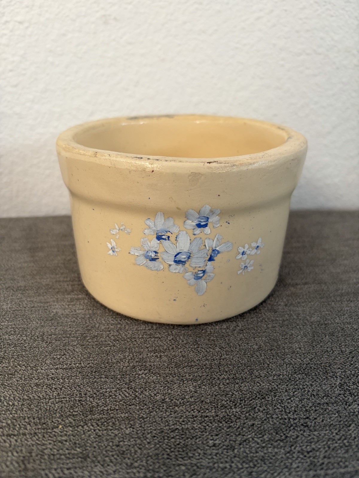 Vintage STONEWARE GLAZED CROCK 5” X 3” Unmarked Farmhouse Cream Hand Painted