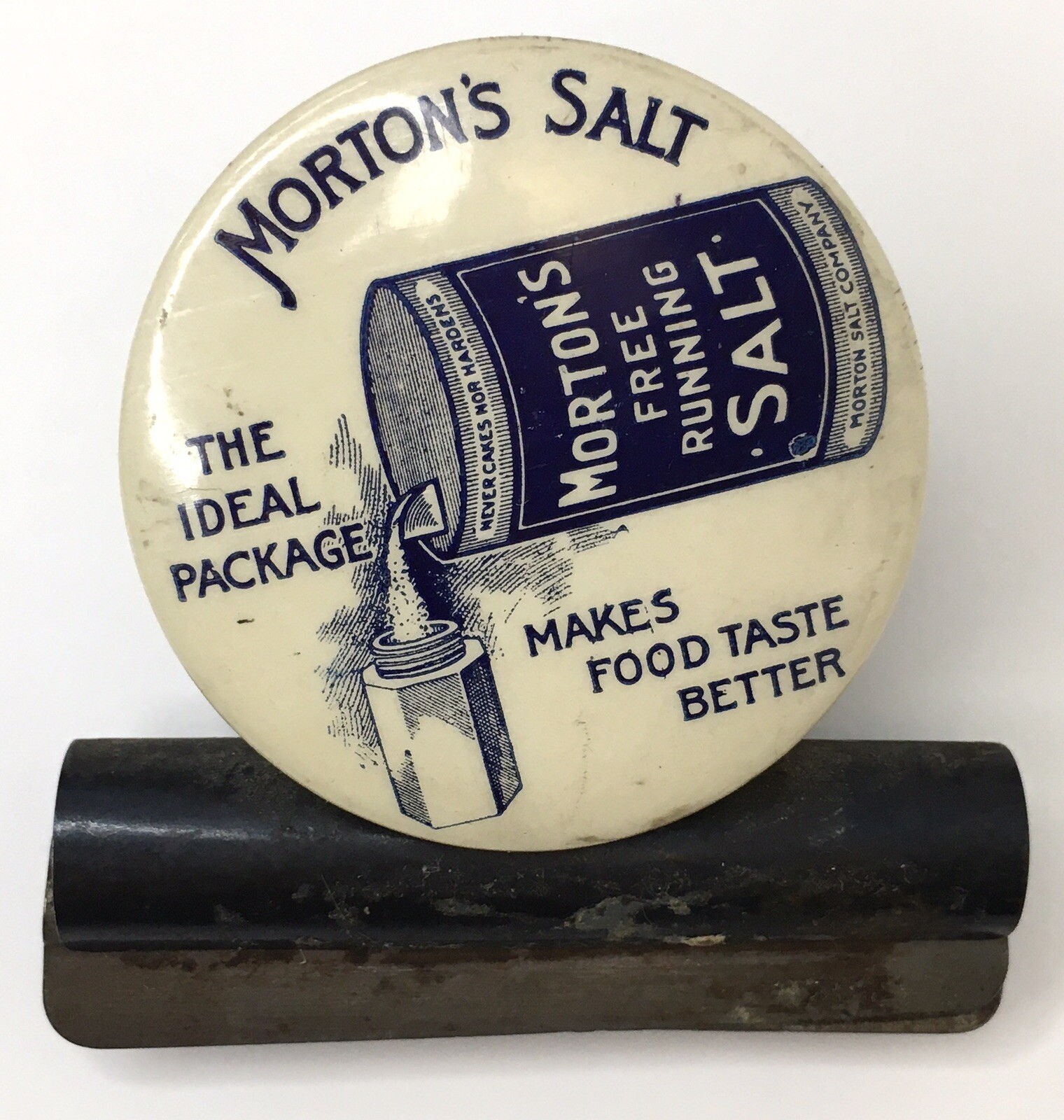 Vtg Morton\'s Salt The Ideal Package Makes Food Taste Better Metal Chip Bag Clip