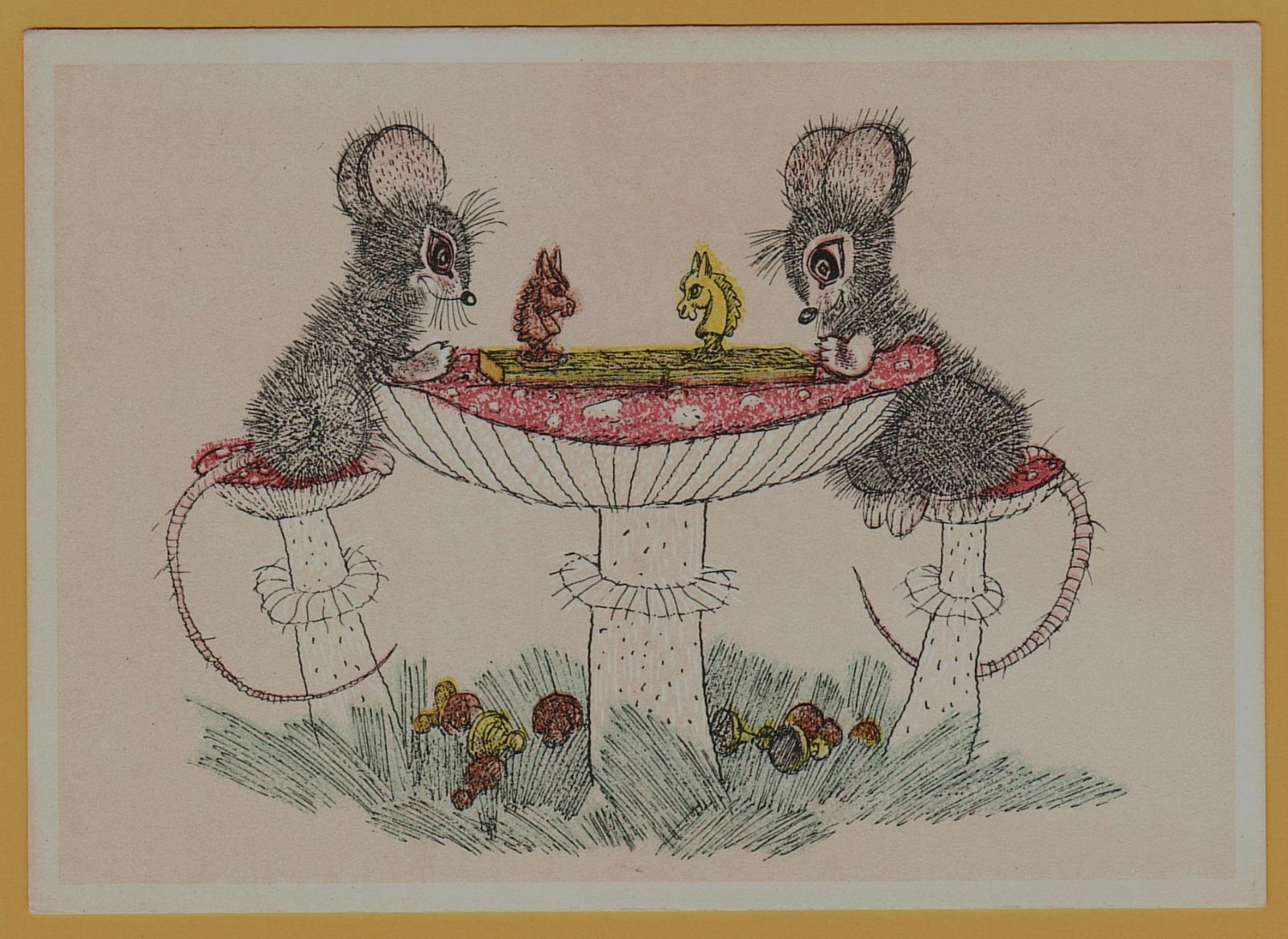 1967 Mice Playing Chess Funny Animal Art Soviet Vintage Cartoon Postcard