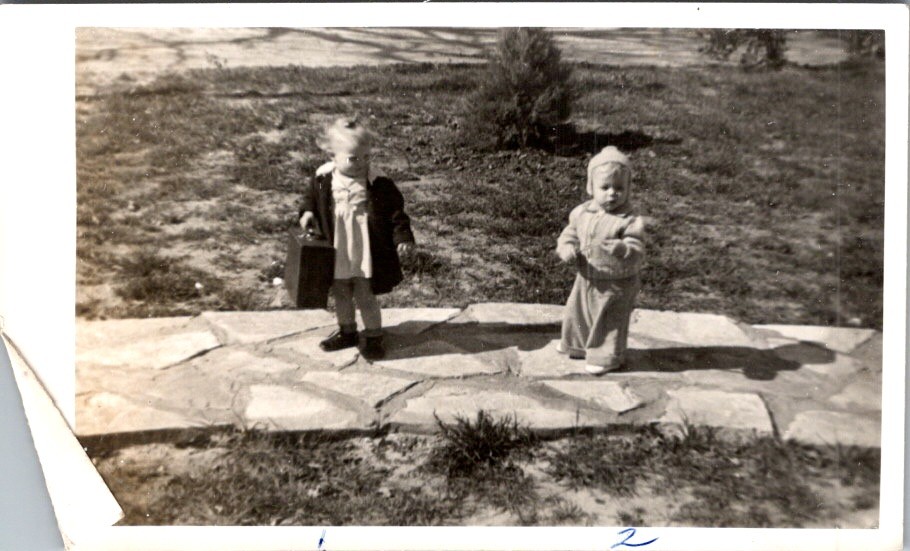 1941 Stephenville TX Studio Portrait of Toddler & Infant in Garden Light 1941 Stephenville TX Studio Portrait of Toddler & Infant in Garden Light
