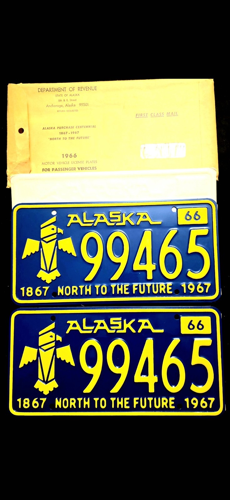 Vintage 1966-67 Alaska Centennial Passenger License Plate Pair NOS Envelope
