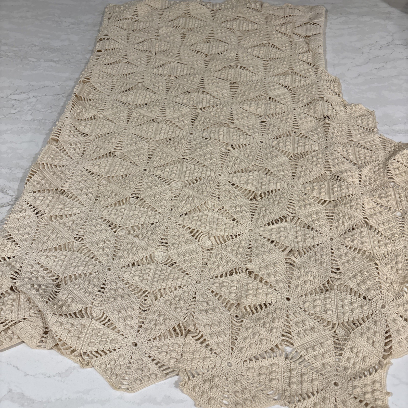Vintage Crochet Table Runner 37x80 Circa 1950-60s Popcorn Stitch Hexagon