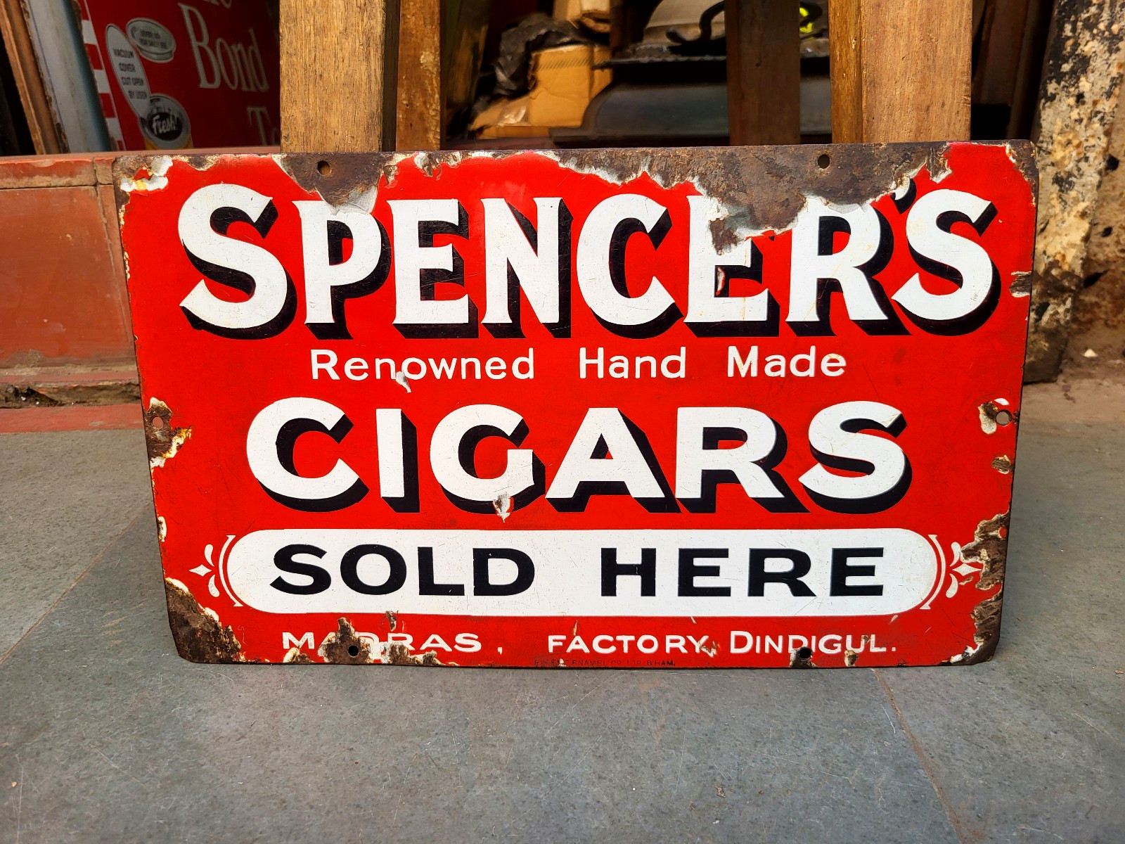 VINTAGE ORIGINAL PORCELAIN ENAMEL SIGN SPENCER\'S CIGAR SOLD HERE ENGLAND 1930