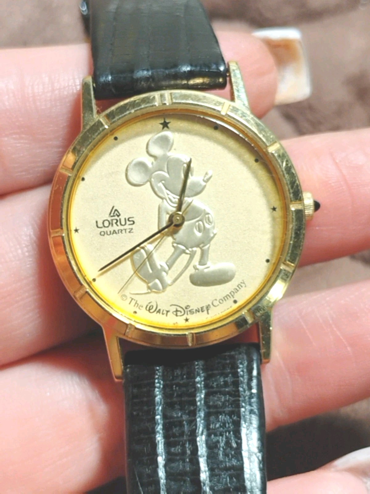 VTG Lorus Gold Coin Mickey Mouse Disney Watch on Black Leather Strap, Rare VTG Lorus Gold Coin Mickey Mouse Disney Watch on Black Leather Strap, Rare