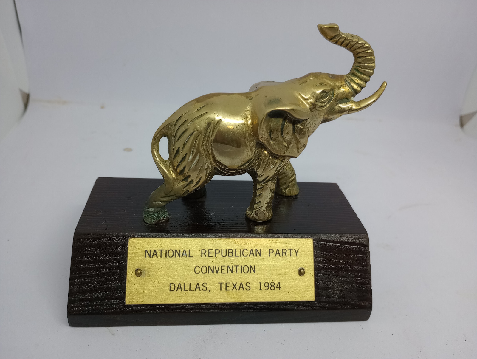 Vintage Brass Elephant Figurine on Wood Base Reublican Convention 1984 Dallas TX Vintage Brass Elephant Figurine on Wood Base Reublican Convention 1984 Dallas TX
