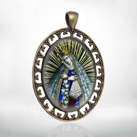 The Seven Sorrows Virgin Mary Dolorosa Medal Bronze Tone Christian Catholic