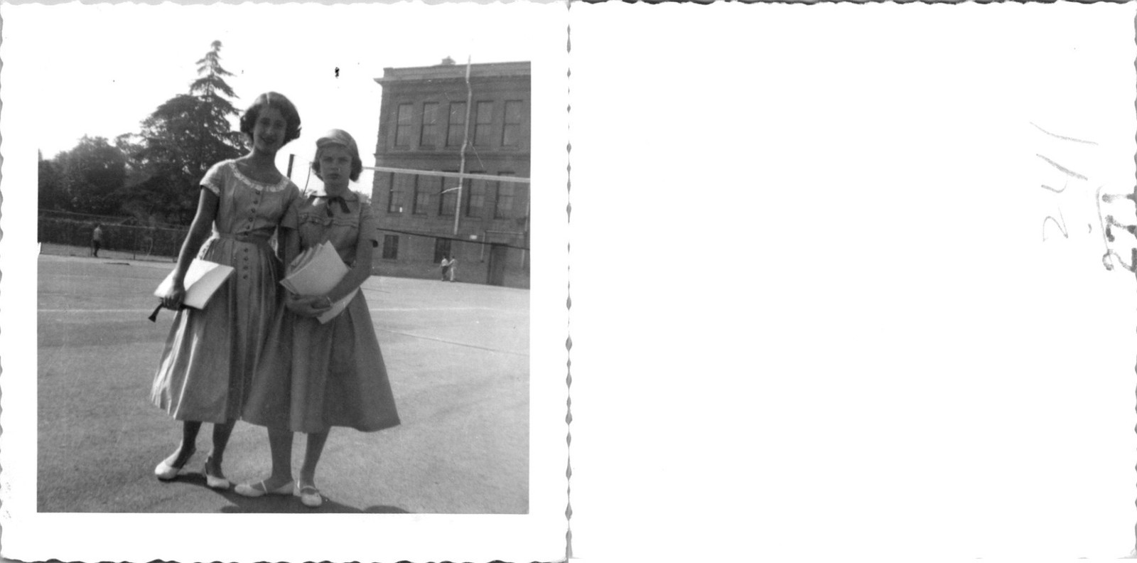 Two Young Women In The School Yard  B+W Found Photo V2748