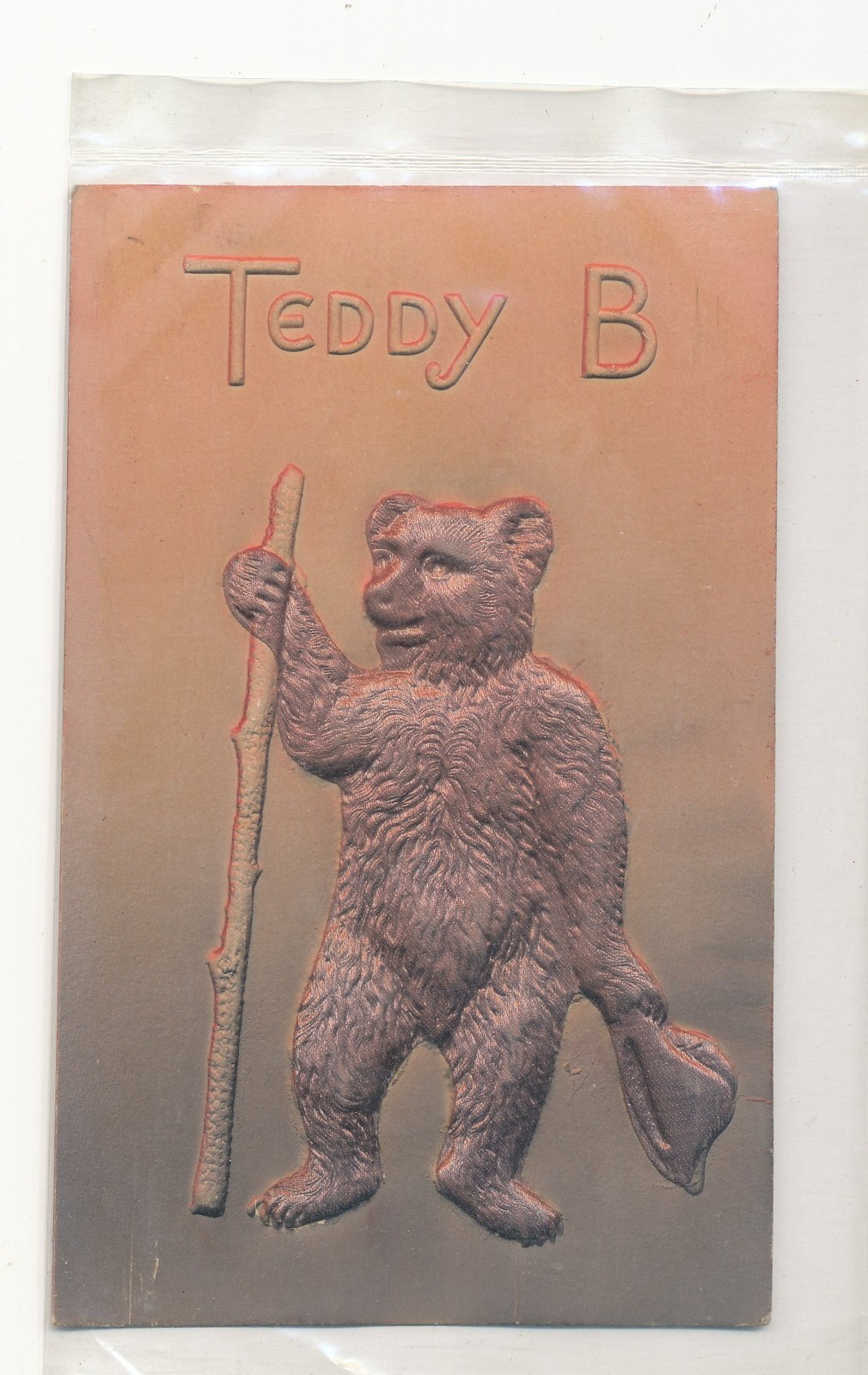 POSTCARD - Large Bear w/ stick + hat - Heavily Embossed and Air Brushed Teddy B POSTCARD - Large Bear w/ stick + hat - Heavily Embossed and Air Brushed Teddy B