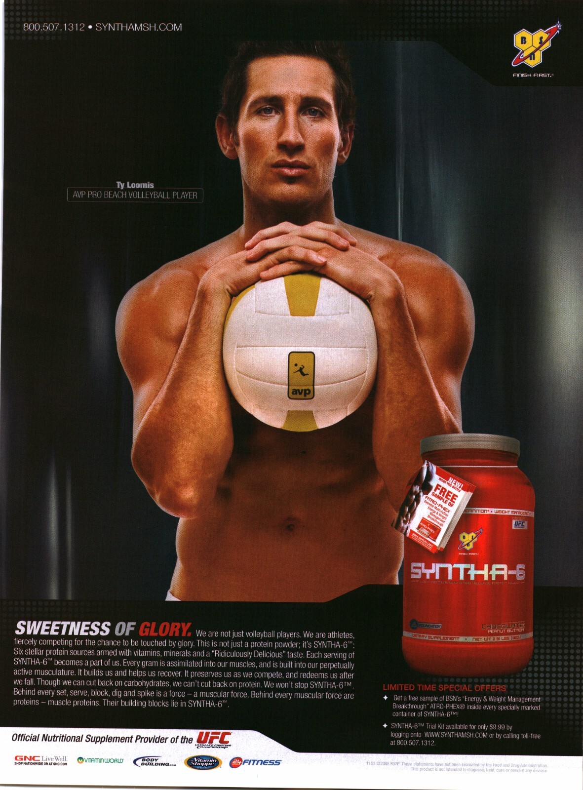 2008 BSN Syntha-6 Print Ad Ty Loomis AVP Pro Beach Volleyball UFC Supplement Art