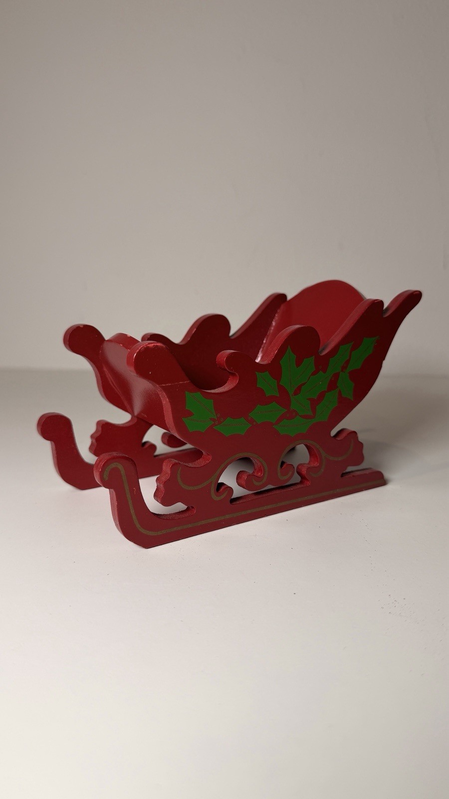 Vintage Red Wood Wooden Santa’s Sleigh Christmas Card Holder Tabletop Decor