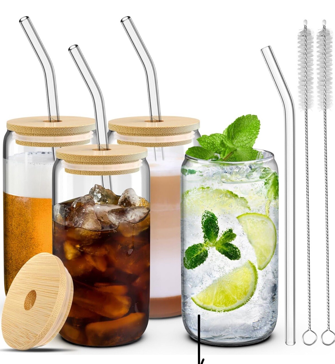 Set Of 4 Glass Cups With Lids And Straws 16OZ