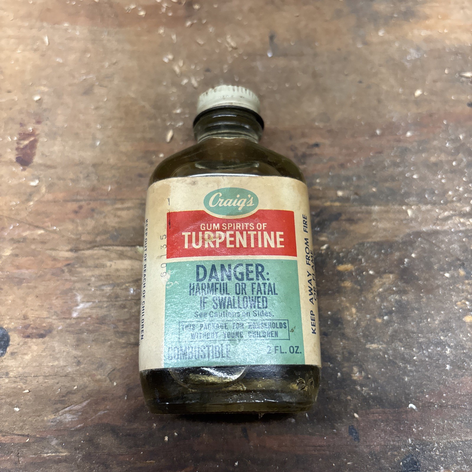 Craig’s Spirits of Turpentine Bottle 2 Fl Oz Paper Label Smyrna Vintage Glass