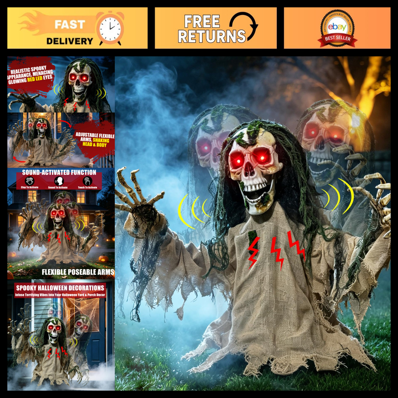 Spooky Halloween Animatronic Zombie Groundbreaker Outdoor Decor - Red Eyes, Cree