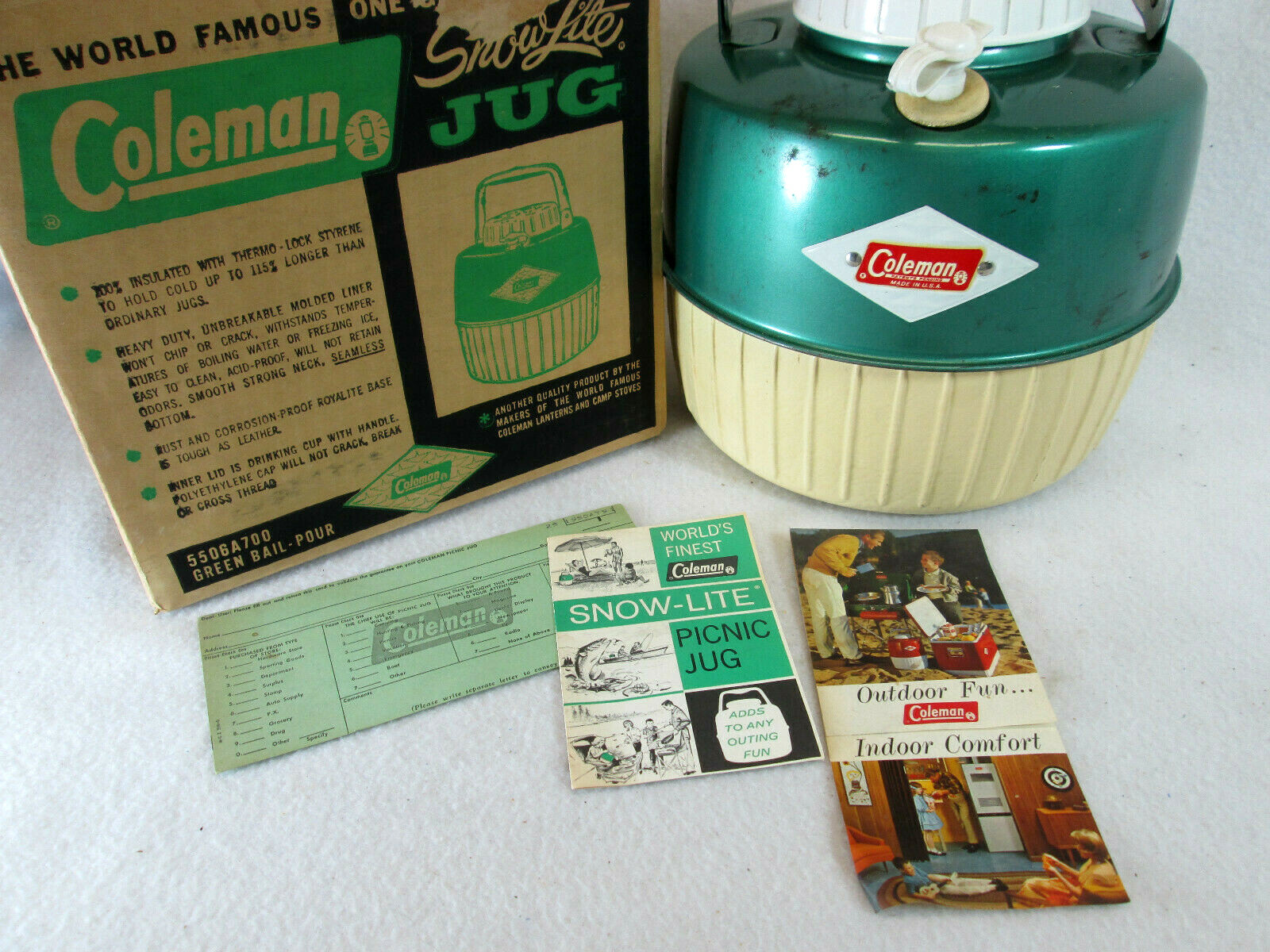 Vintage Coleman 6/55 green Snow-Lite picnic jug no. 5506A700 w/box Vintage Coleman 6/55 green Snow-Lite picnic jug no. 5506A700 w/box