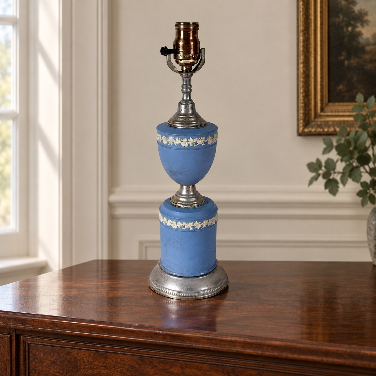 ❖ FIND Wedgwood Blue Jasperware Relief Table Lamp Neoclassical England Vintage