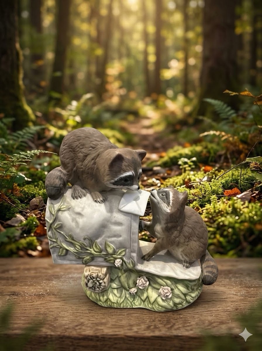 Vintage Homco Masterpiece Porcelain Raccoons Mailbox Figurine 1987 Mizuno