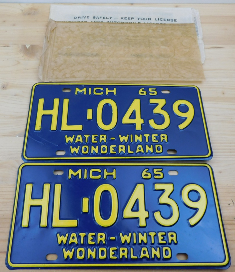 Vtg NOS 1965 Michigan Water-Winter Wonderland License Plate Set Tag # HL-0439