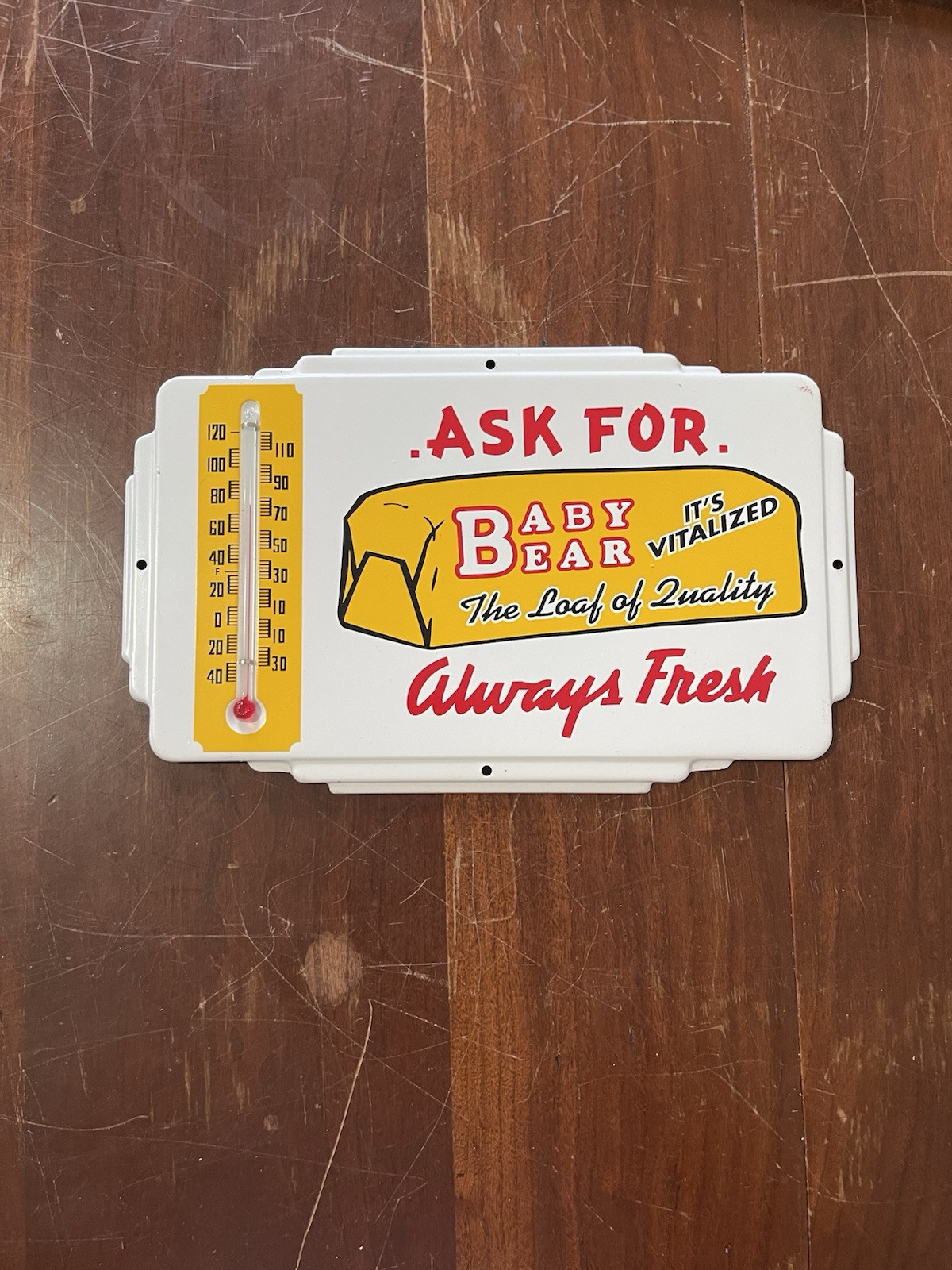 Baby Bear Bread Fresh NOS Art Deco Thermometer Advertising Sign