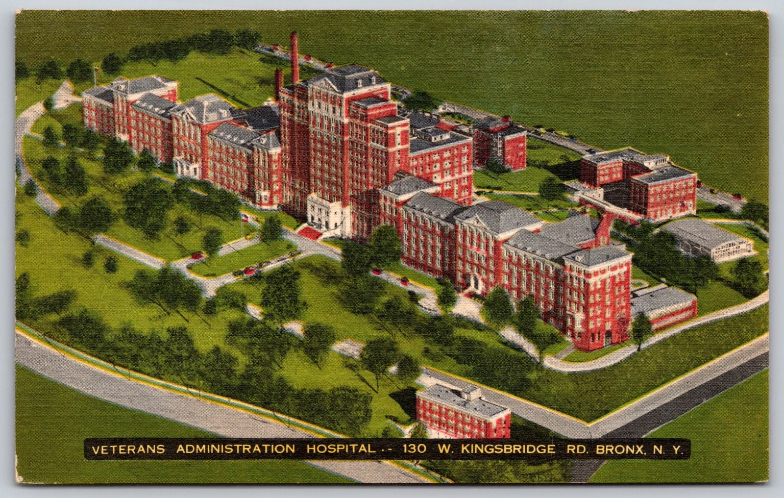 1951 Bronx VA Hospital Kingsbridge Rd NYC Aerial Linen Postcard BB176