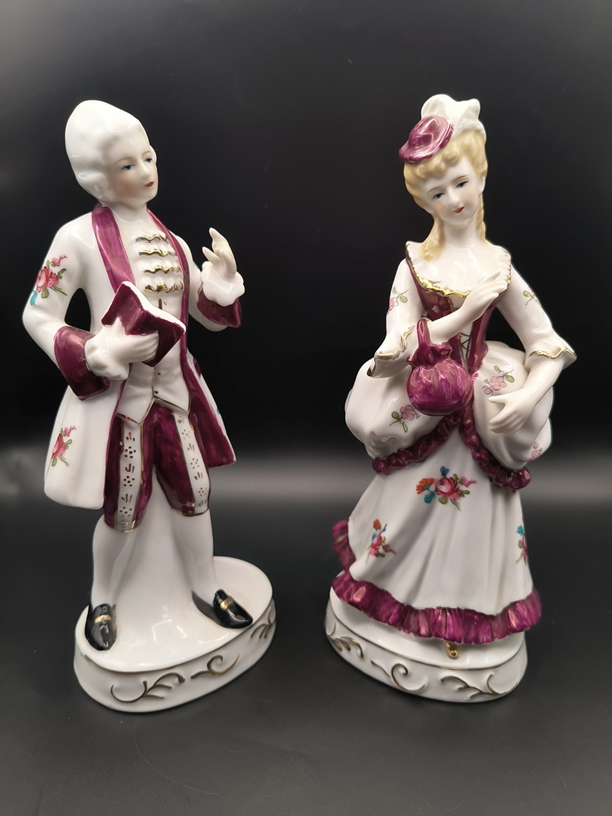 2 Vintage Porcelain Figurines Lady and Young Man White And Gold Trim Japan 
