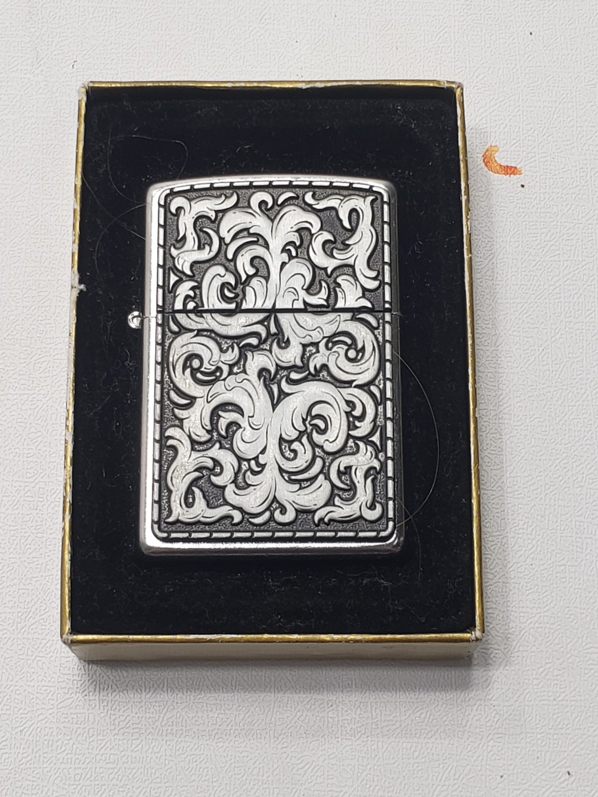 2002 Zippo Lighter Ornate Scroll Engraved Chrome w/ Original Box Made In USA
