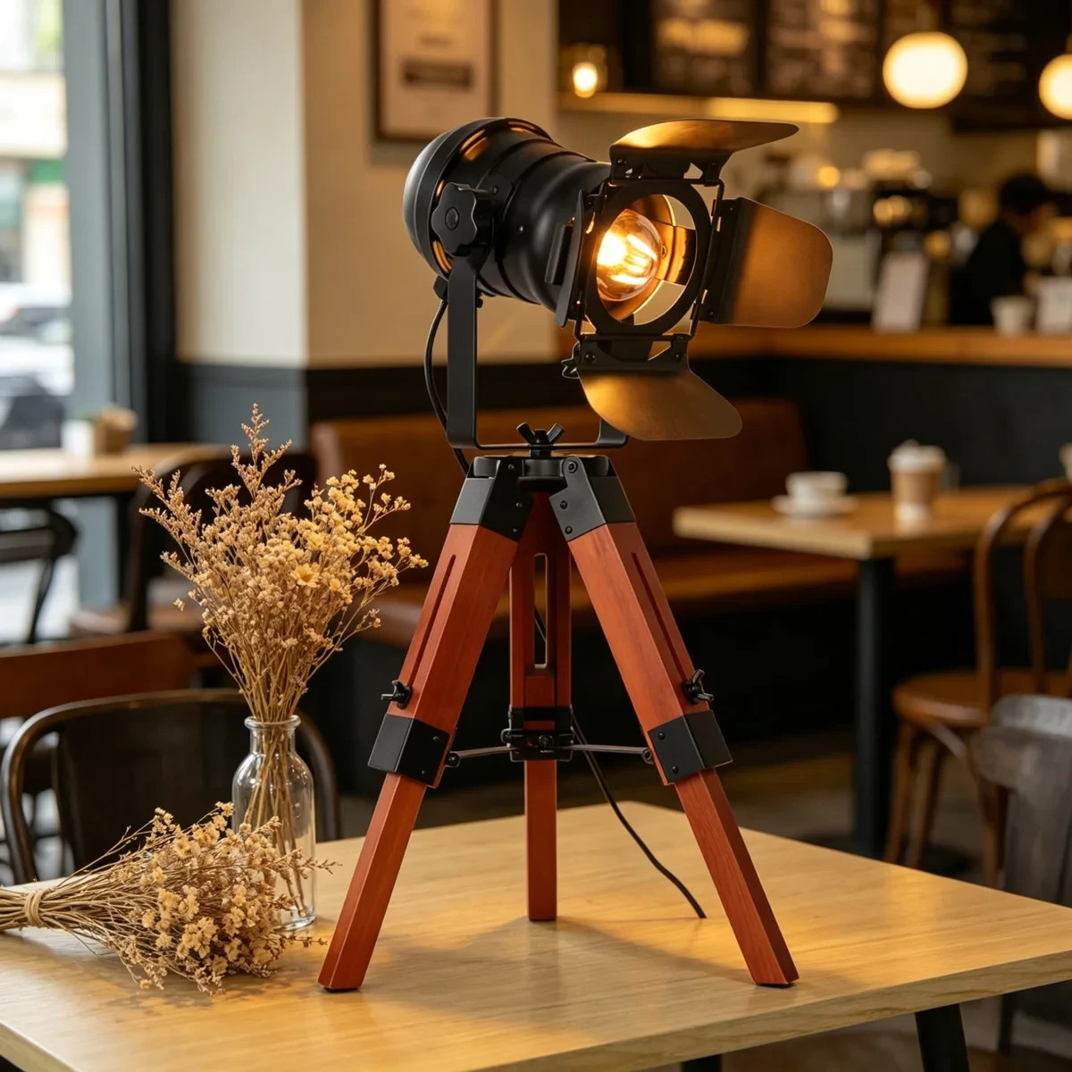 Vintage Industrial Cinema Spotlight Tripod Table Lamp Wood Adjustable Black 24
