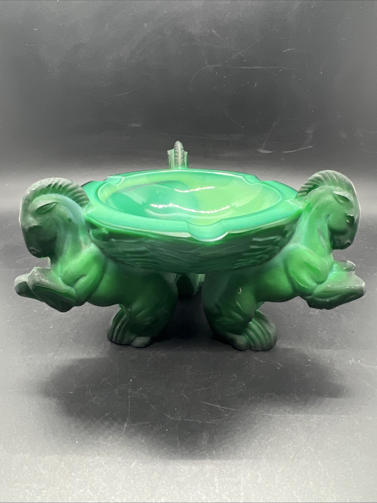 Vintage MCM Curt Schlevogt Glassworks Natural Malachite Rearing Horse Ashtray Vintage MCM Curt Schlevogt Glassworks Natural Malachite Rearing Horse Ashtray