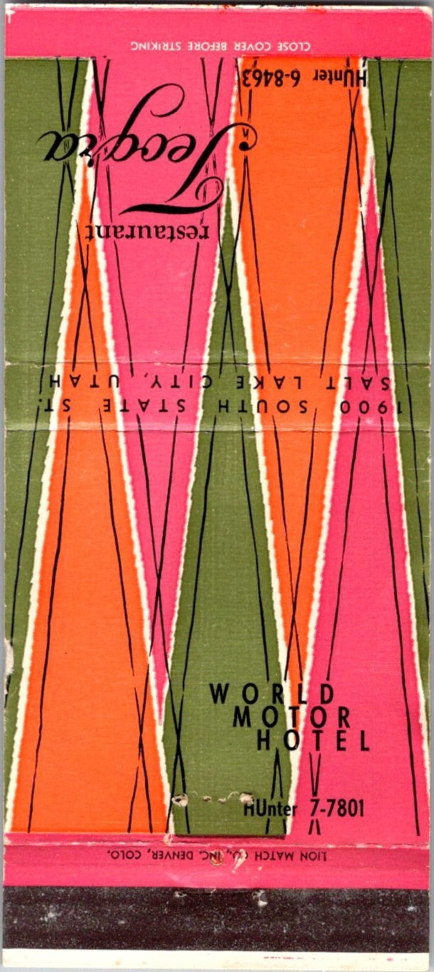 World Motor Hotel Resto Teogra Salt Lake City UT Vintage Matchbook Cover 5M28-2