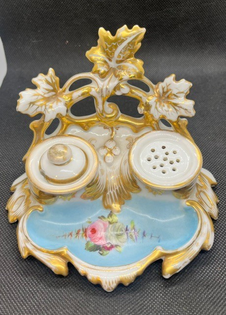 Antique Fine European Hand Painted Porcelain Inkwell