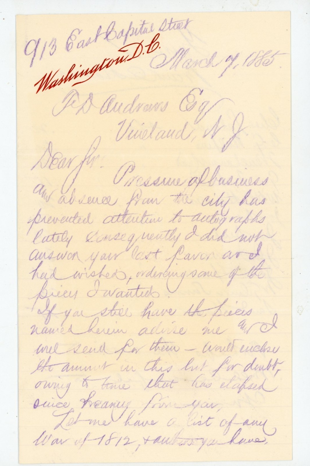 1885 Washington DC Letter Autograph Collecting Frank Andrews War 1812 Interest