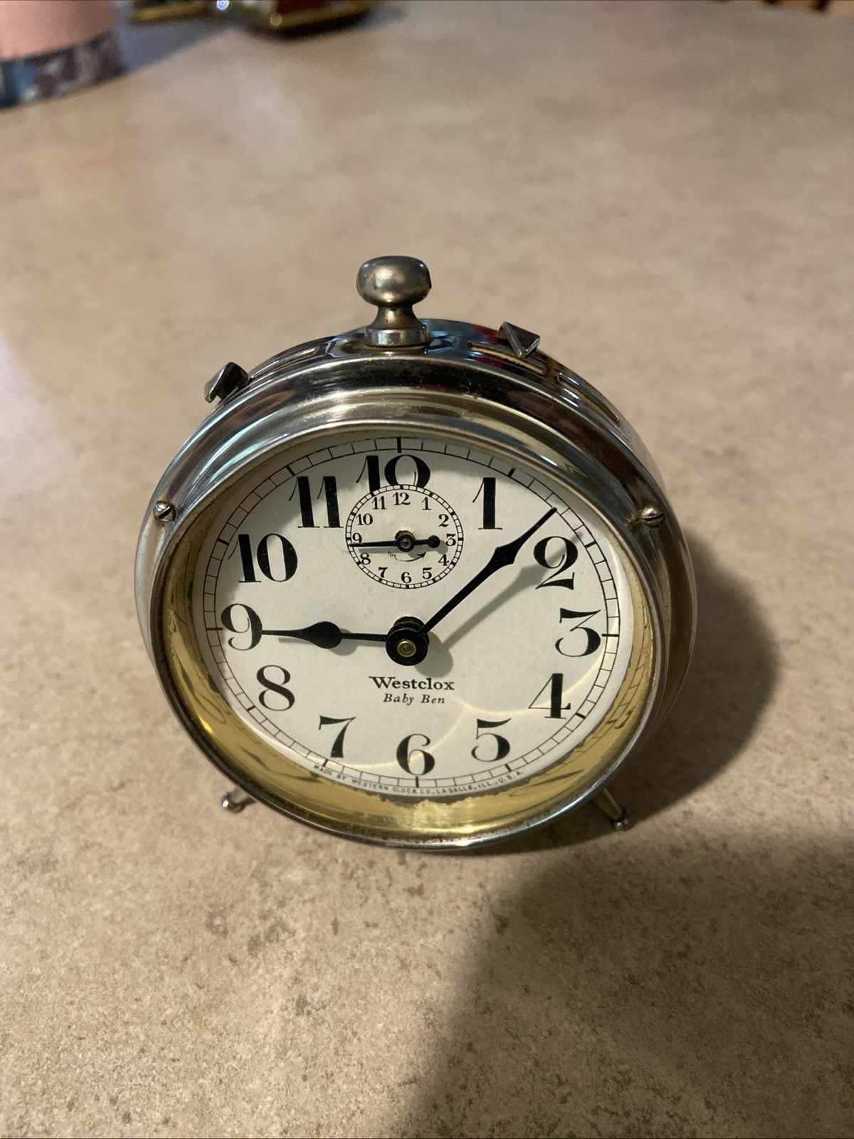 1920 Westclox Baby Ben Peg Leg Alarm Clock 20th Century Antique Nickel Finish.