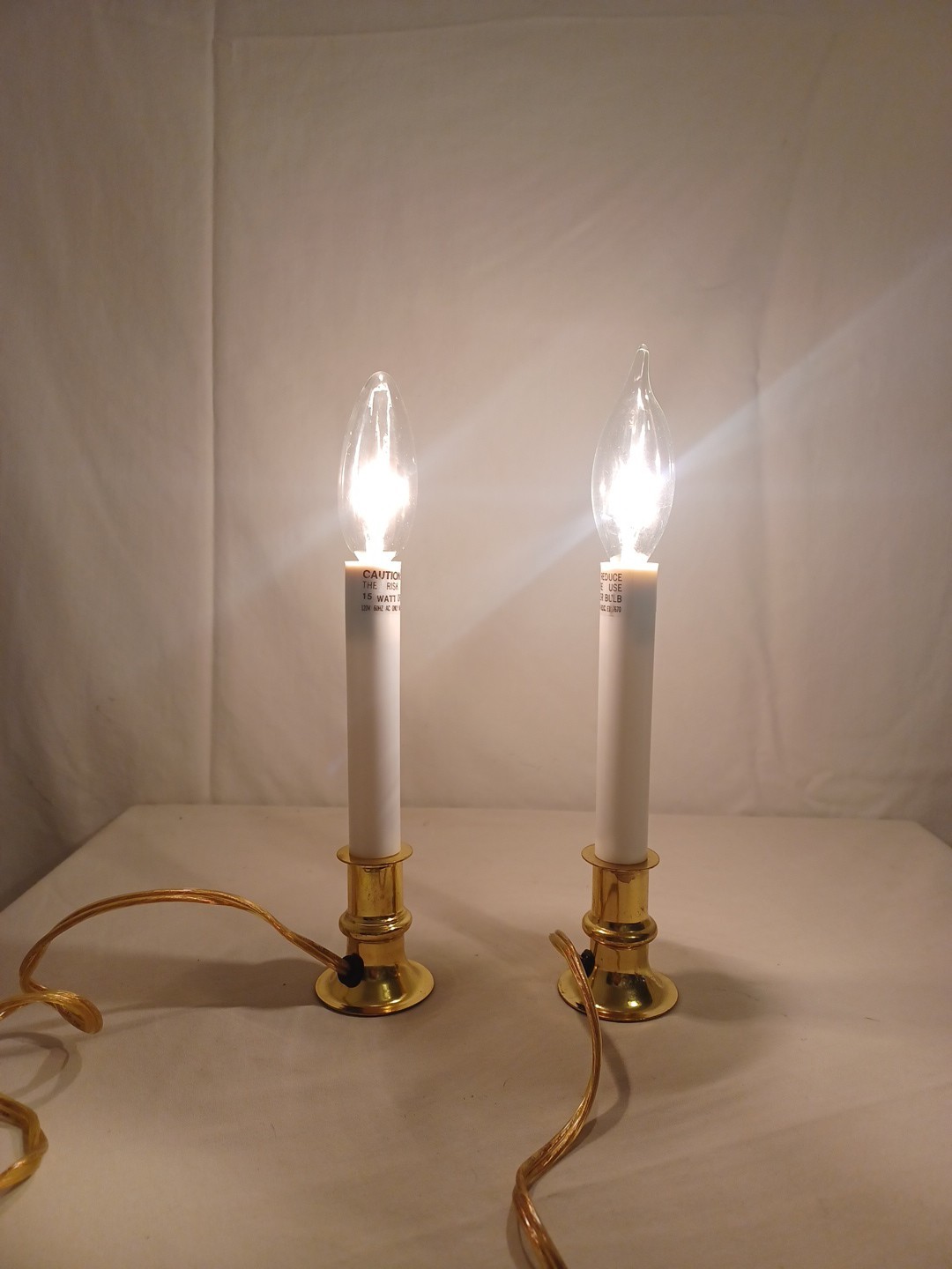 VTG 2 Corded Electric Brass Lighted Window Candle Sticks Seasonal Holiday Switch