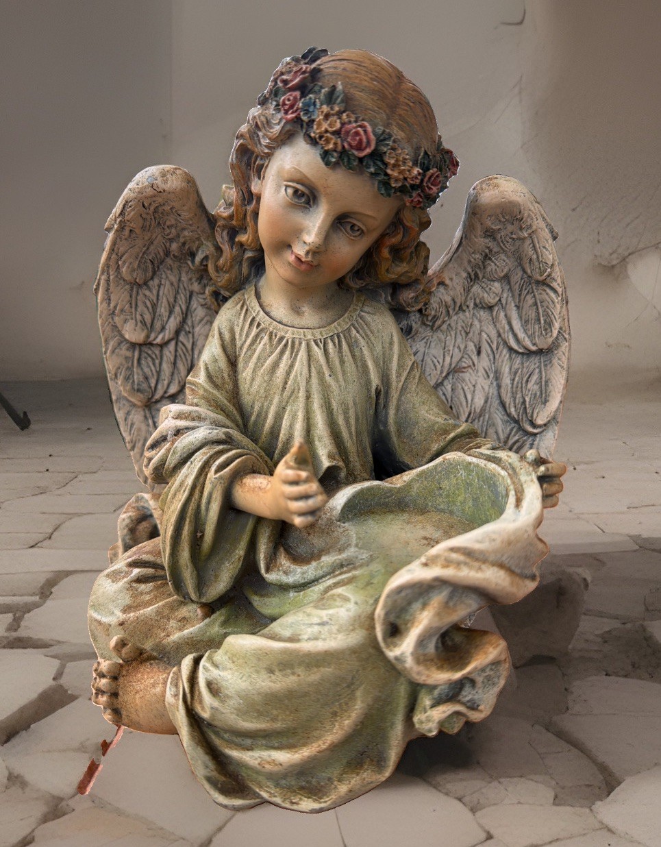 Vtg Napco Keepsake Angel Statue w/Tealight Candleholder Floral Headband Figure