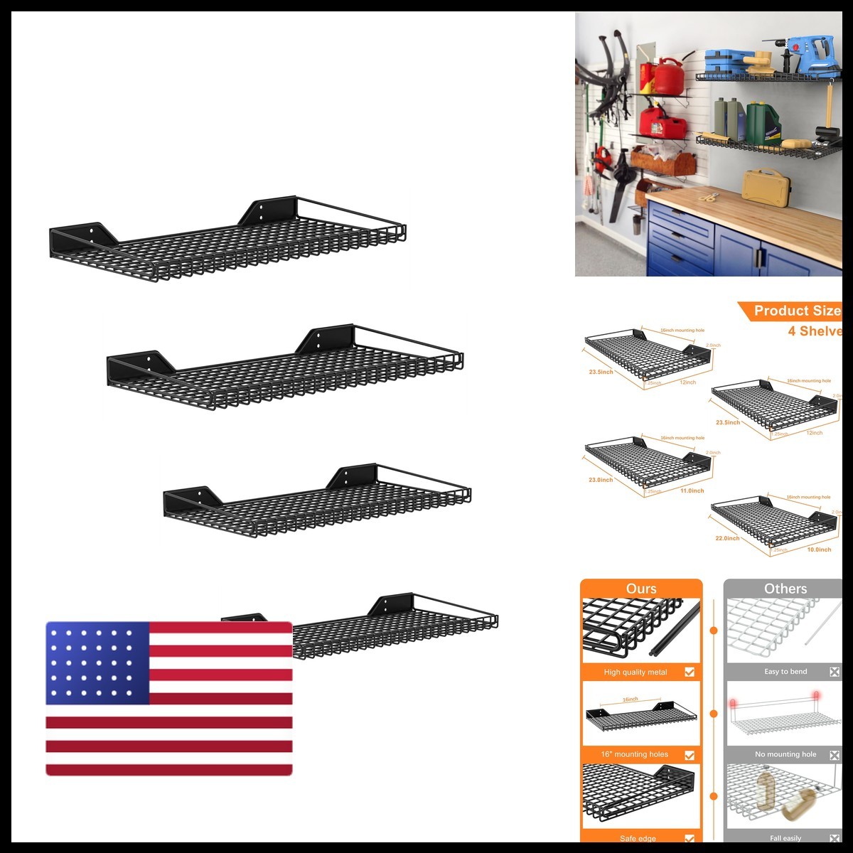 Walmann Garage Wall Shelf 4 Mixed-Size Wall-Mounted Storage Shelves Garage Walmann Garage Wall Shelf 4 Mixed-Size Wall-Mounted Storage Shelves Garage