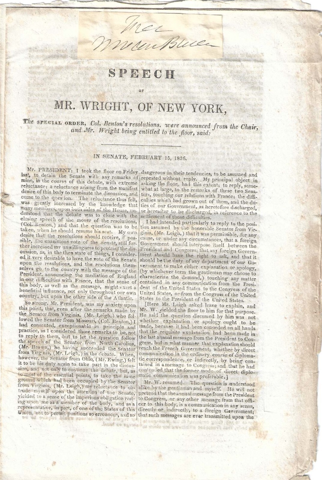 Martin Van Buren Free Frank On Senate Speech About U.S. And England Difficulties