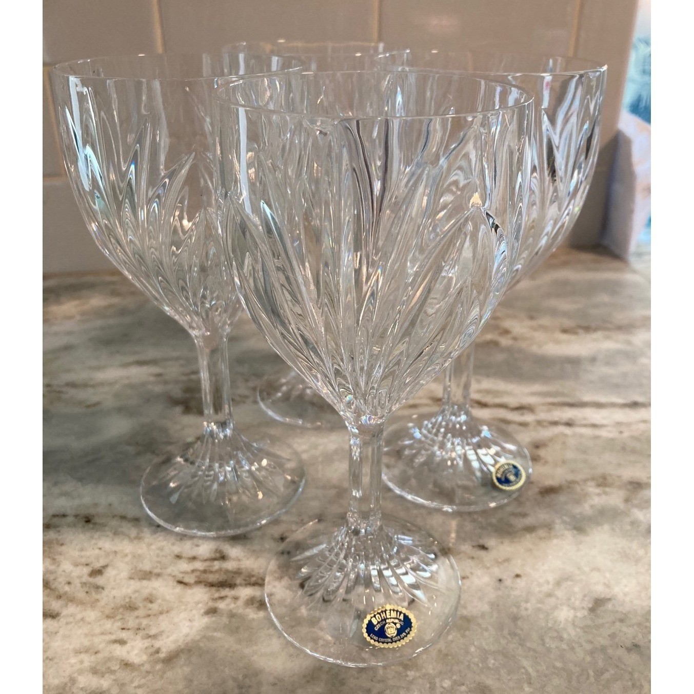 Vintage Lot Set of 4 Bohemia Elise Crystal Wine Glasses Lace Hand Cut Lead Czech
