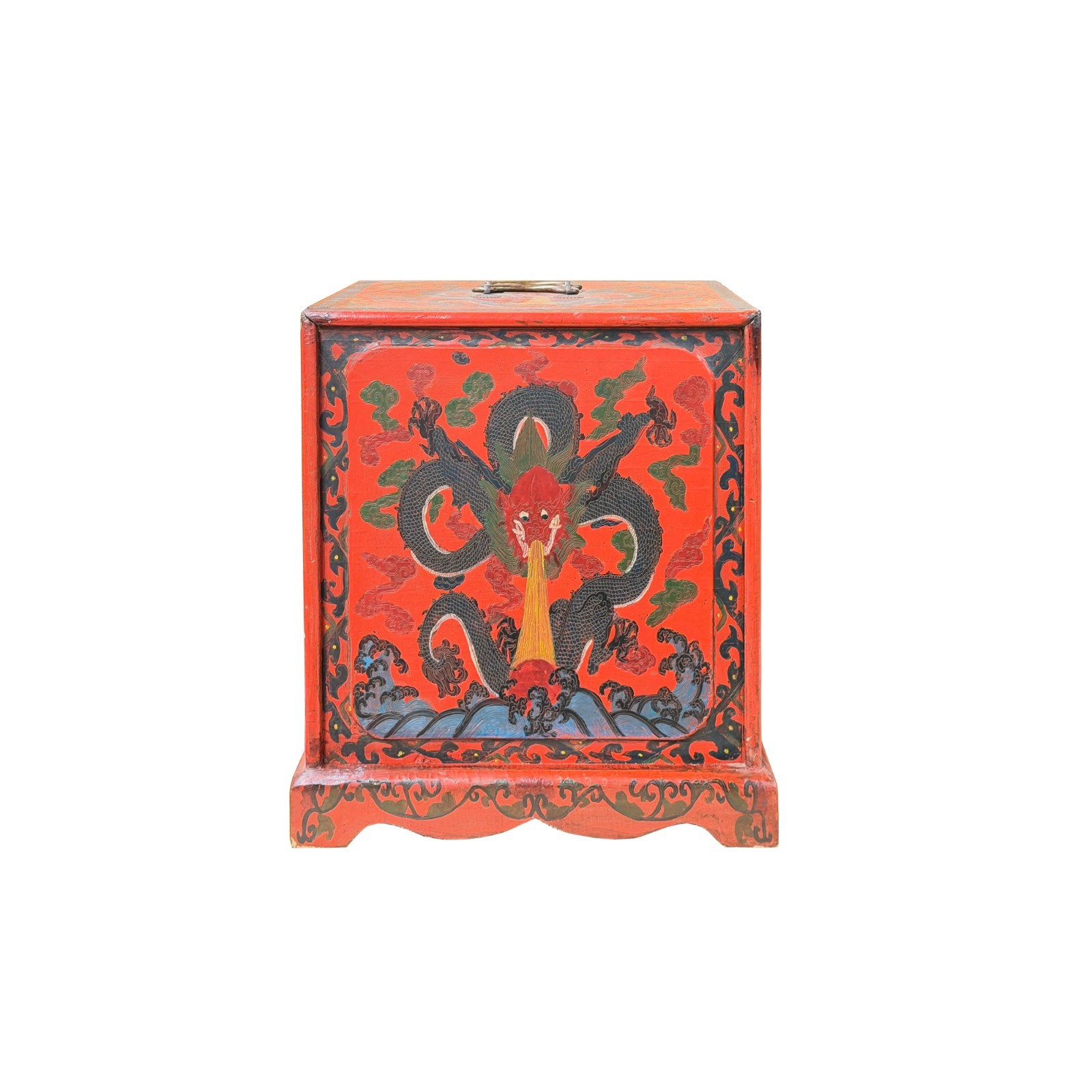 Vintage Distressed Chinese Red Dragon Graphic Drawers Chest GB800