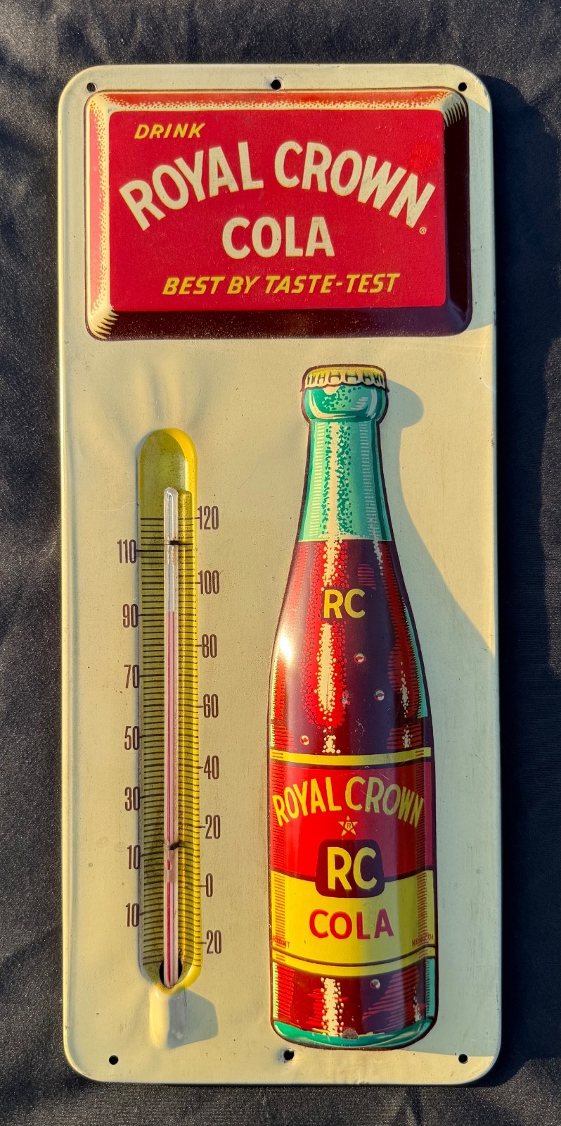 Rare Royal Crown RC Cola Metal Thermometer Sign Embossed Bottle MINTY Vtg