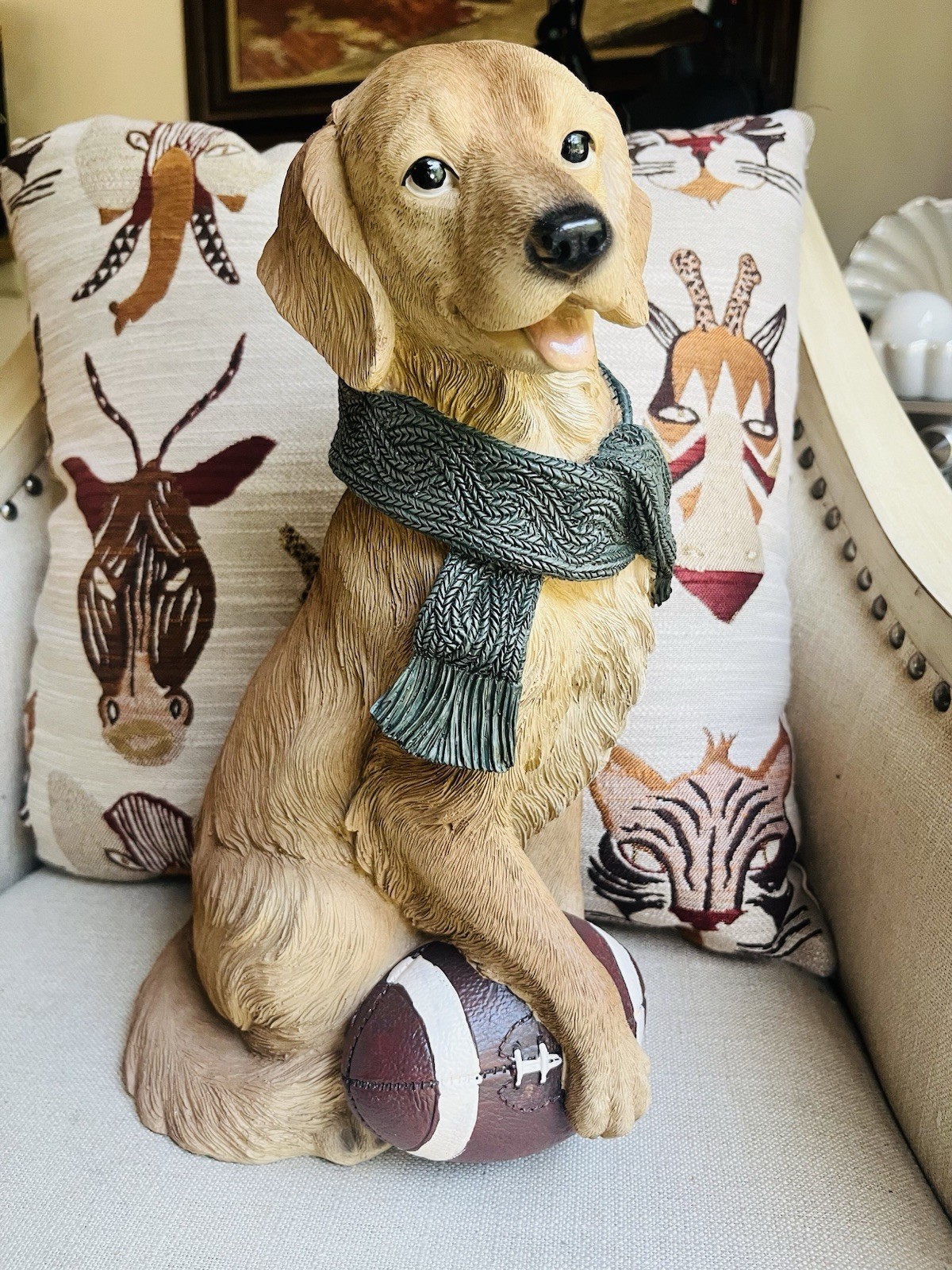 Cute Realistic Look Golden Retriever Figurine/Statue Ready For Football Season 