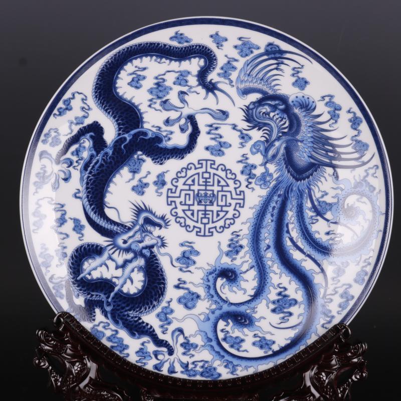 Qianlong Blue and White Dragon and Phoenix Pattern Flat Plate Craft Porcelain