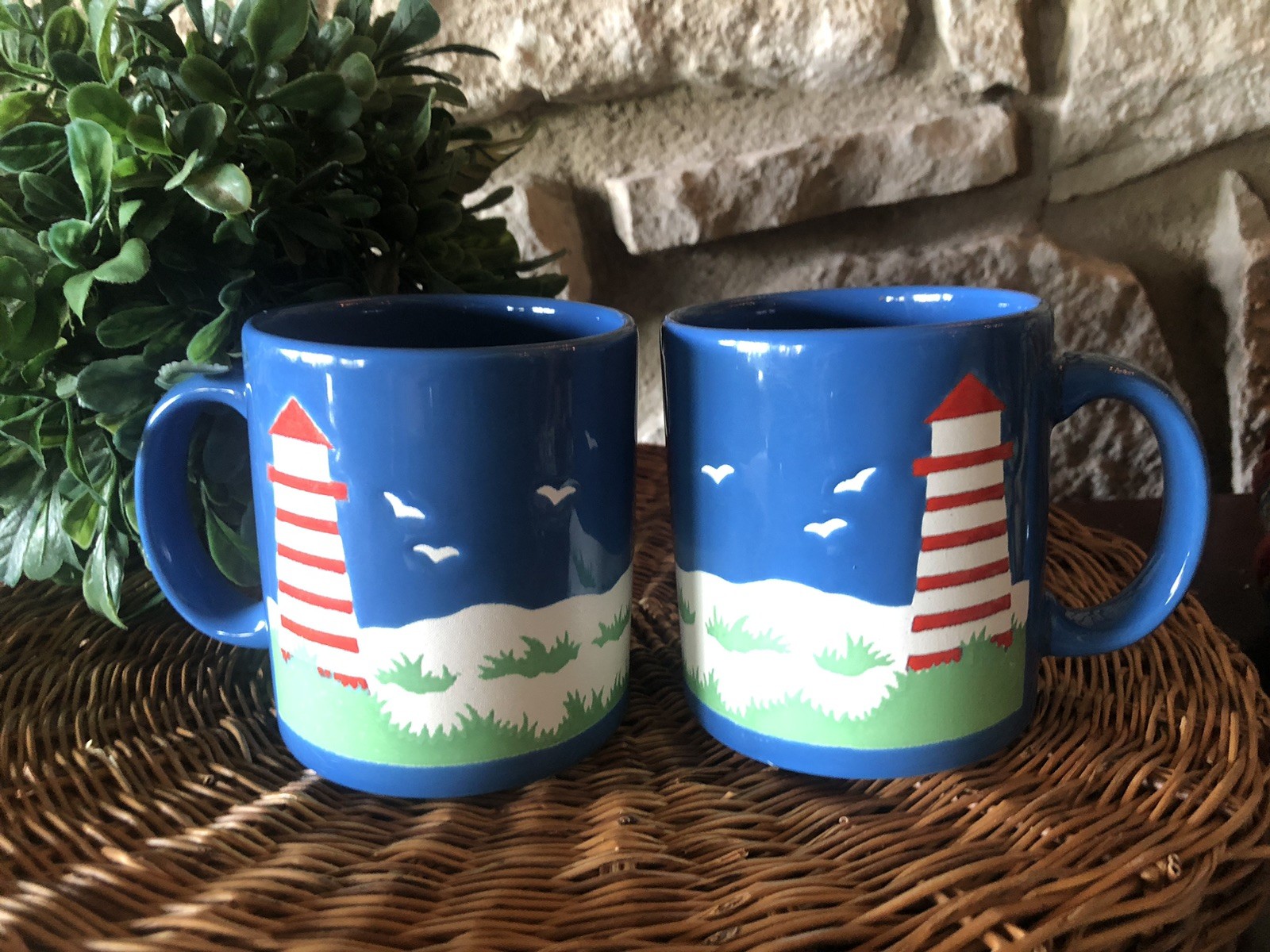 2 Vintage WAECHTERSBACH Nautical Coastal Lighthouse Coffee Mugs West Germany EC