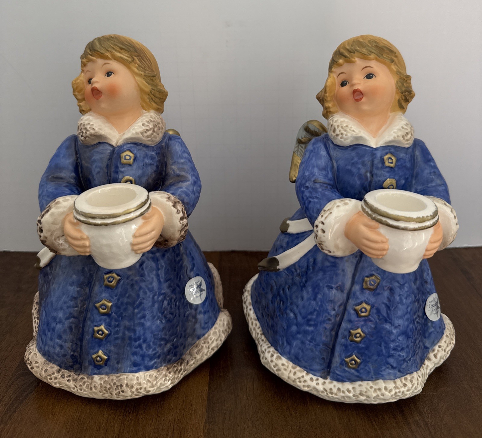 2 VINTAGE GOEBEL CHRISTMAS ANGEL W. GERMANY 42 329 22 BLUE & GOLD CANDLEHOLDERS