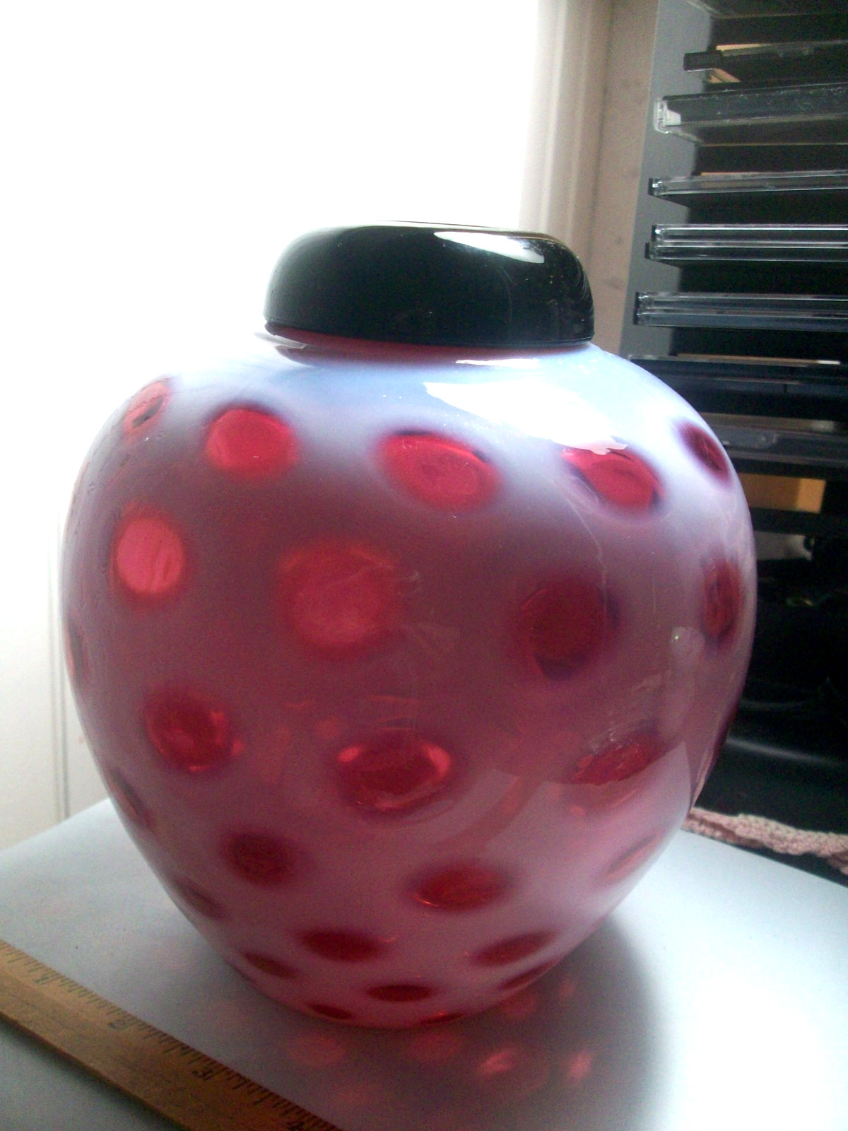 Vintage FENTON cranberry opalescent coin dot ginger jar w/ black glass lid HTF Vintage FENTON cranberry opalescent coin dot ginger jar w/ black glass lid HTF