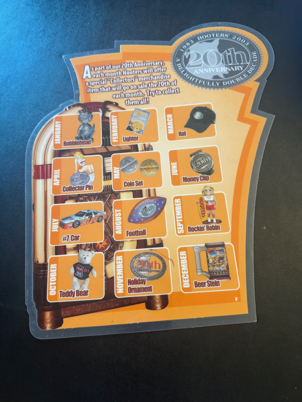 * Vtg 2003 Hooters 20th Anniversary Jukebox Merchandise Menu Insert Promo Flyer 