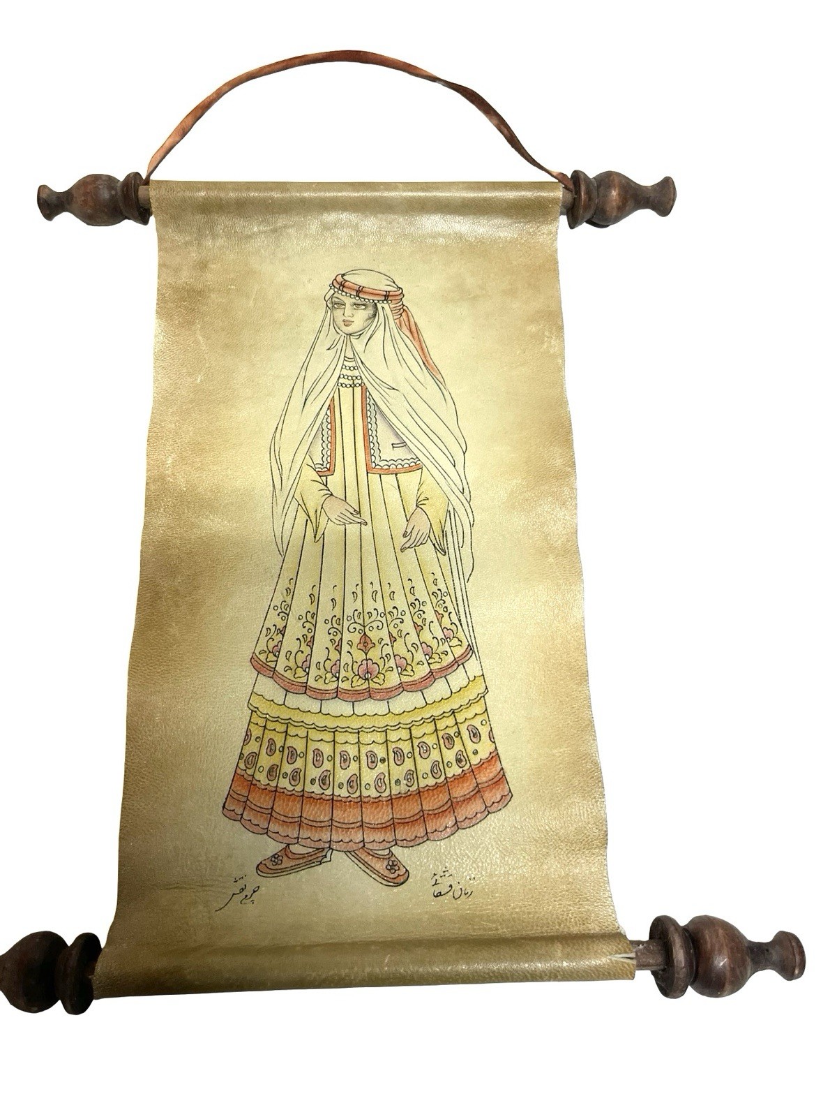 Vintage Persian Woman Traditional Painting On Leather Scroll Signed Wood Dowels