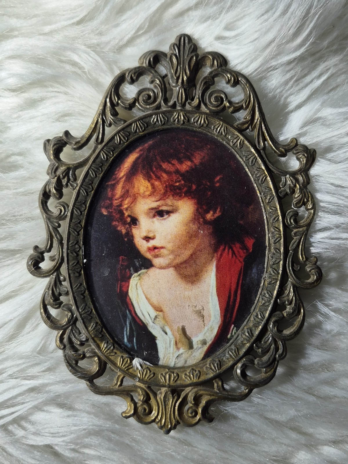 Vintage Ornate French Gold Framed Picture Child Italy Blue Felt Back Vintage Ornate French Gold Framed Picture Child Italy Blue Felt Back