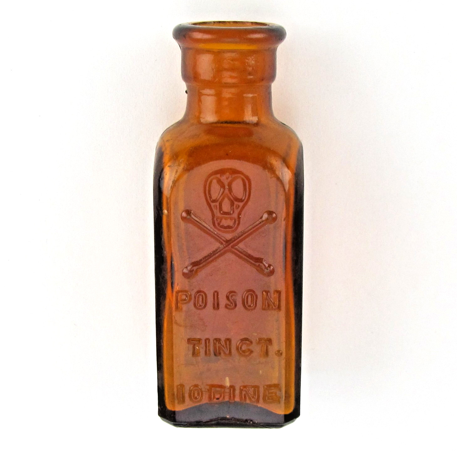 Antique Amber Poison Bottle Tinct Iodine Glass Bottle K6 Skull Crossbone Vintage