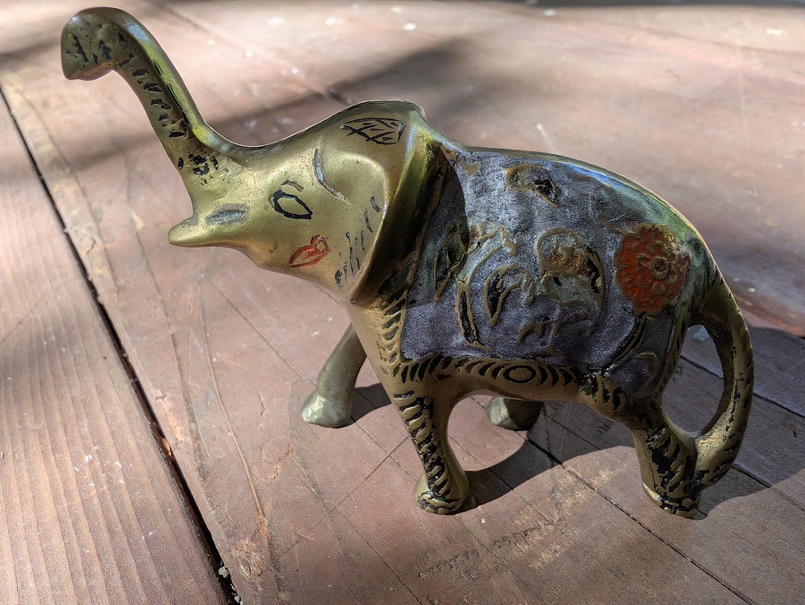 Vintage Solid Brass Painted Elephant Figurine Raised Trunk Lucky Elephant