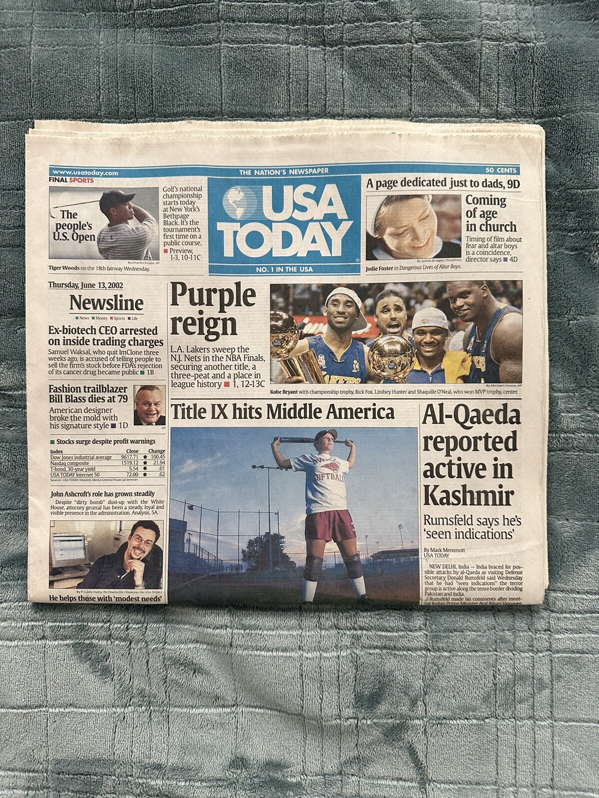 2002 June 13 USA Today Los Angeles LA Lakers 3peat Newspaper Shaq & Kobe Champs